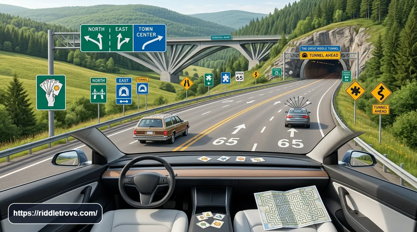 Highway and road signs featured in travel riddles