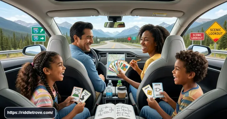 Family solving road trip riddles together during a fun car journey