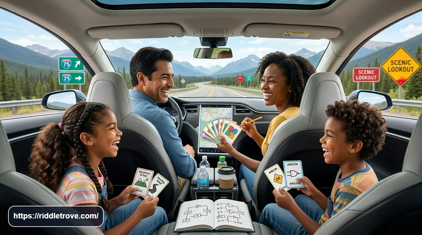 Family solving road trip riddles together during a fun car journey