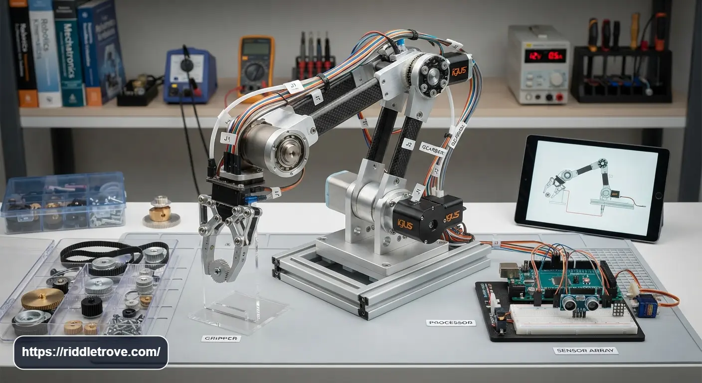Robotic arm surrounded by gears sensors joints and mechanical components