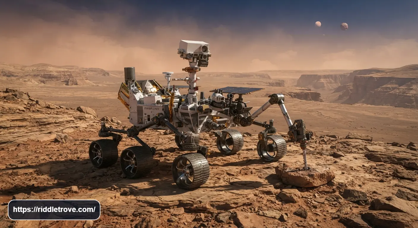 Planetary rover exploring a rocky alien landscape under a distant sky