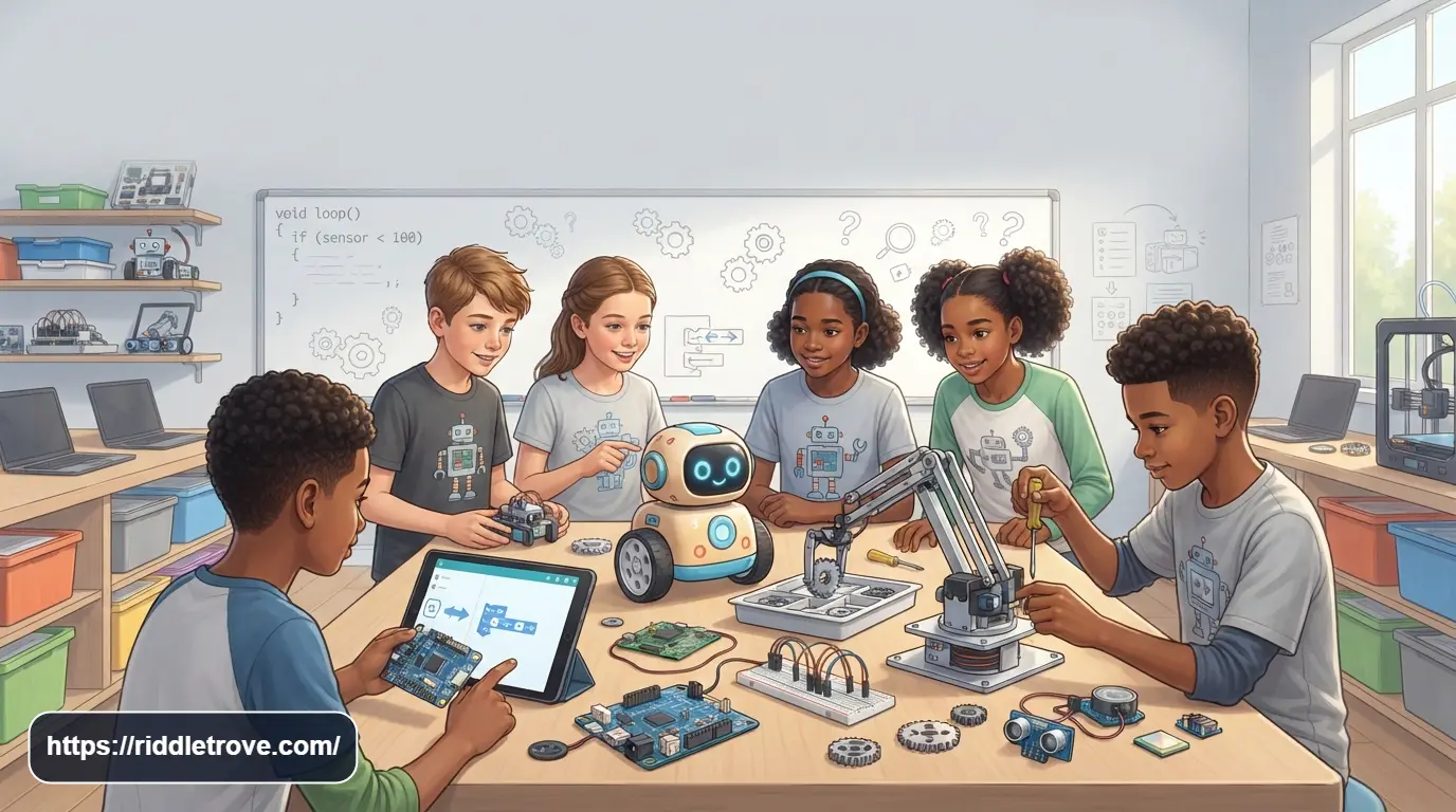 Colorful educational robots surrounded by robotics puzzle clues