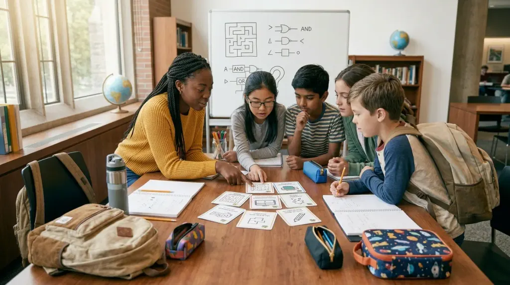 Students solving school-themed morning riddles with classroom supplies
