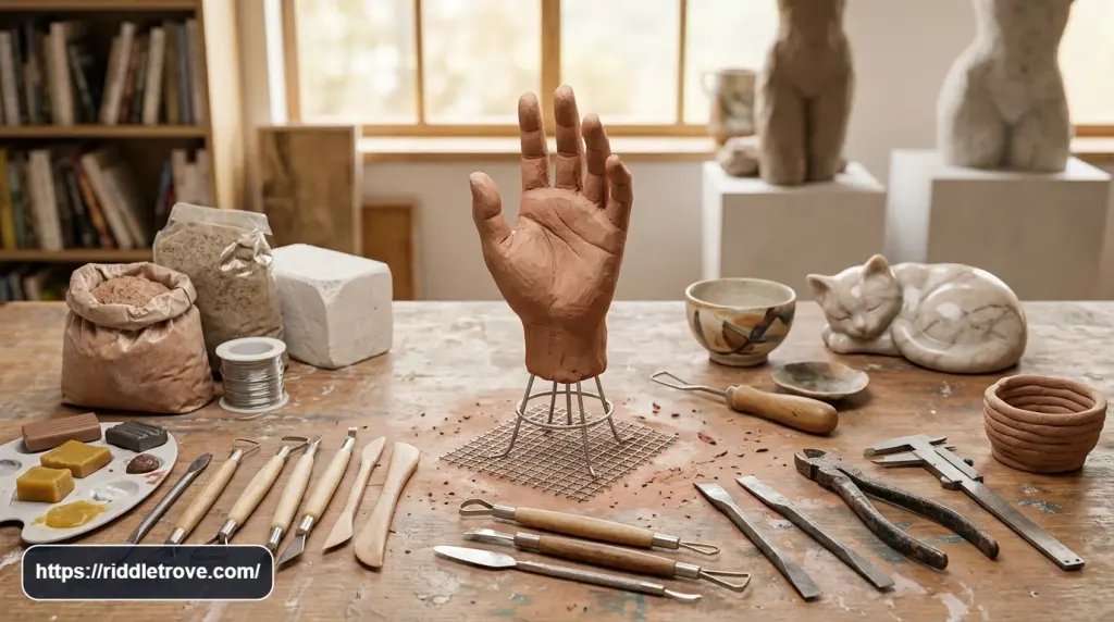 Sculpture and 3D art riddles with clay, carving tools, and sculptures