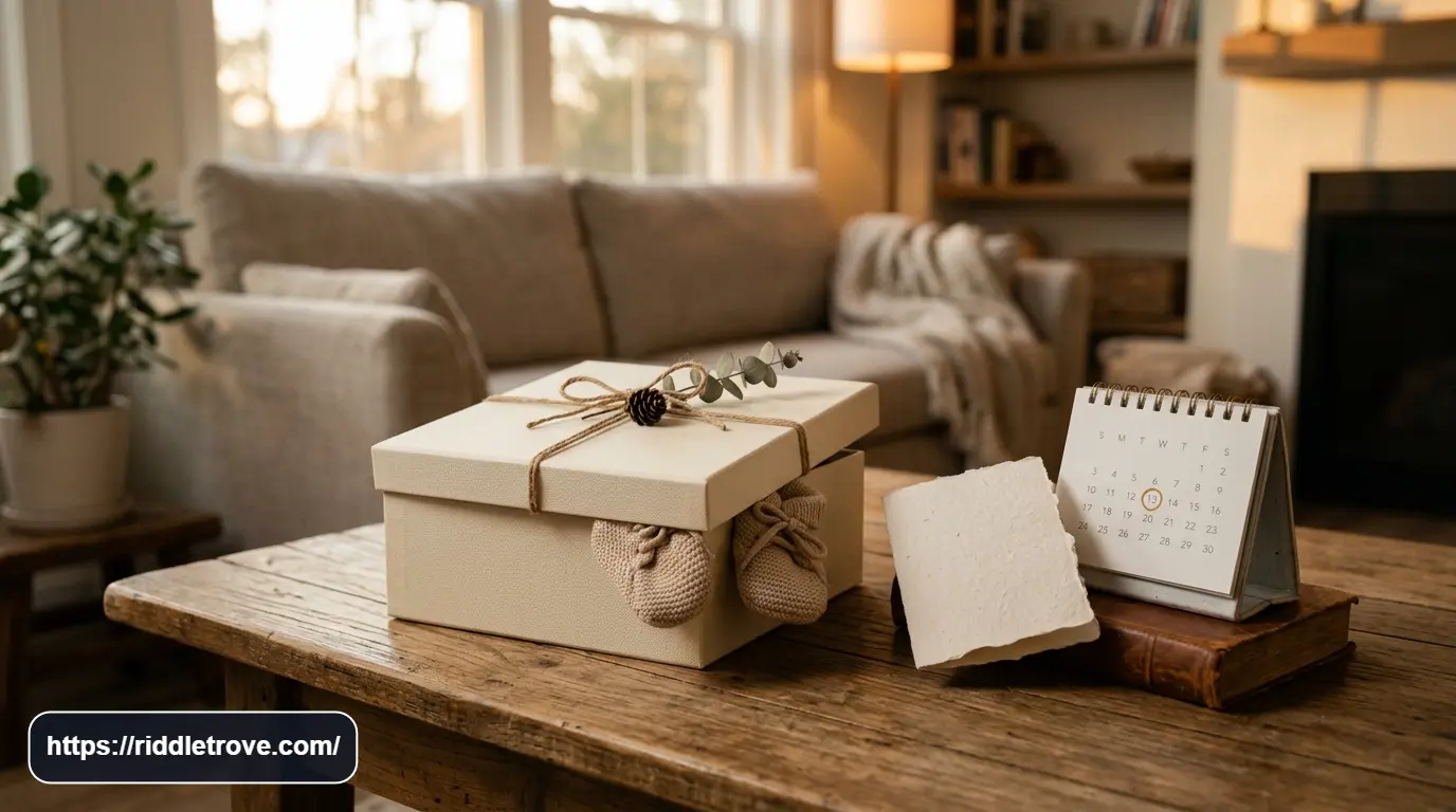 Mysterious pregnancy reveal box with baby shoes, a calendar, and a folded clue card.