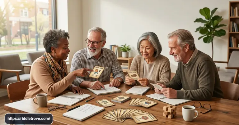 Senior adults enjoying a friendly riddle game together