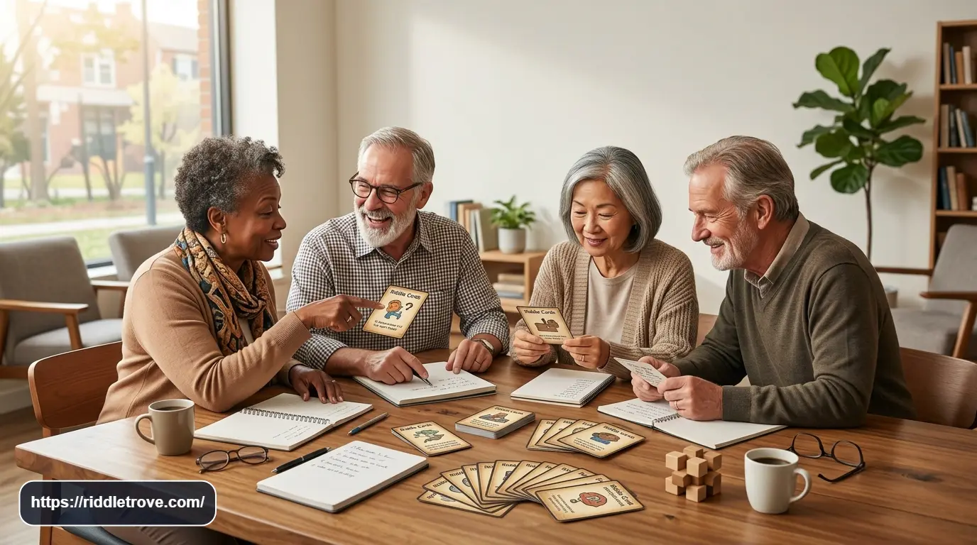 Senior adults enjoying a friendly riddle game together