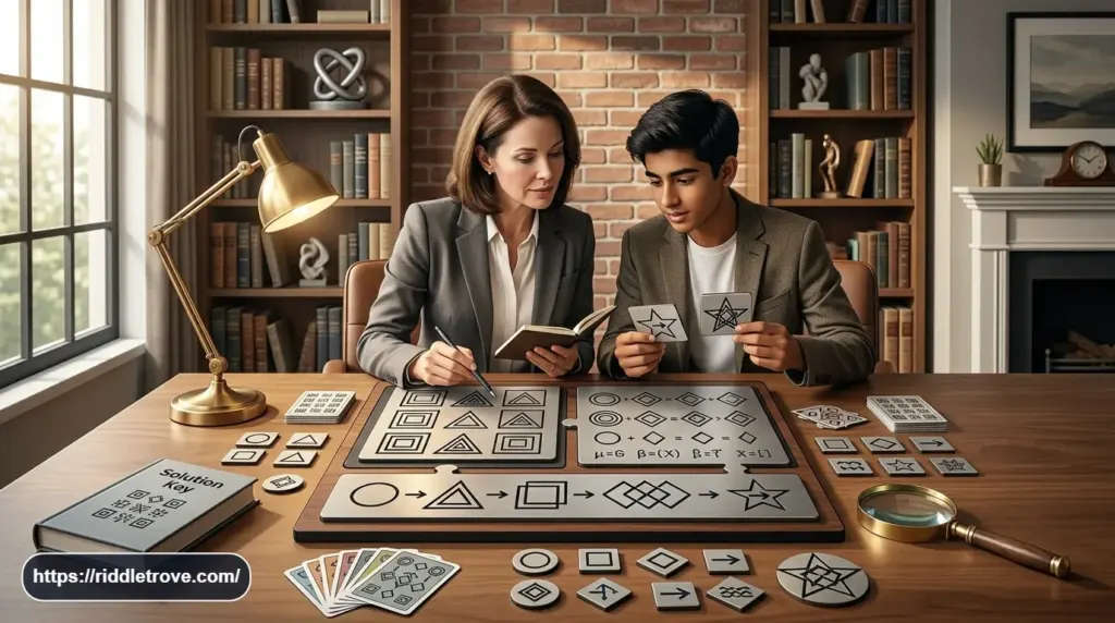 Shape and symbol pattern riddles with repeating geometric sequences