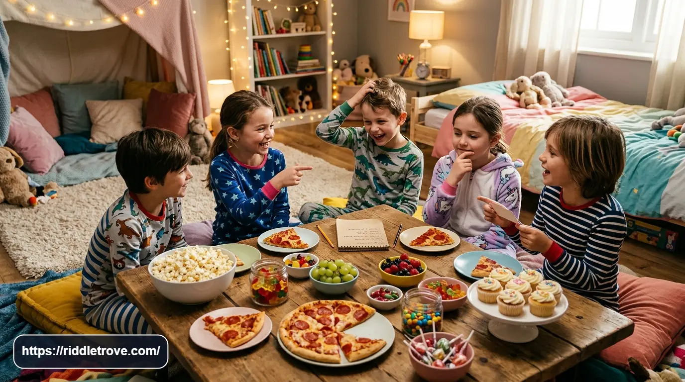 Kids solving riddles beside popcorn pizza candy and sleepover snacks
