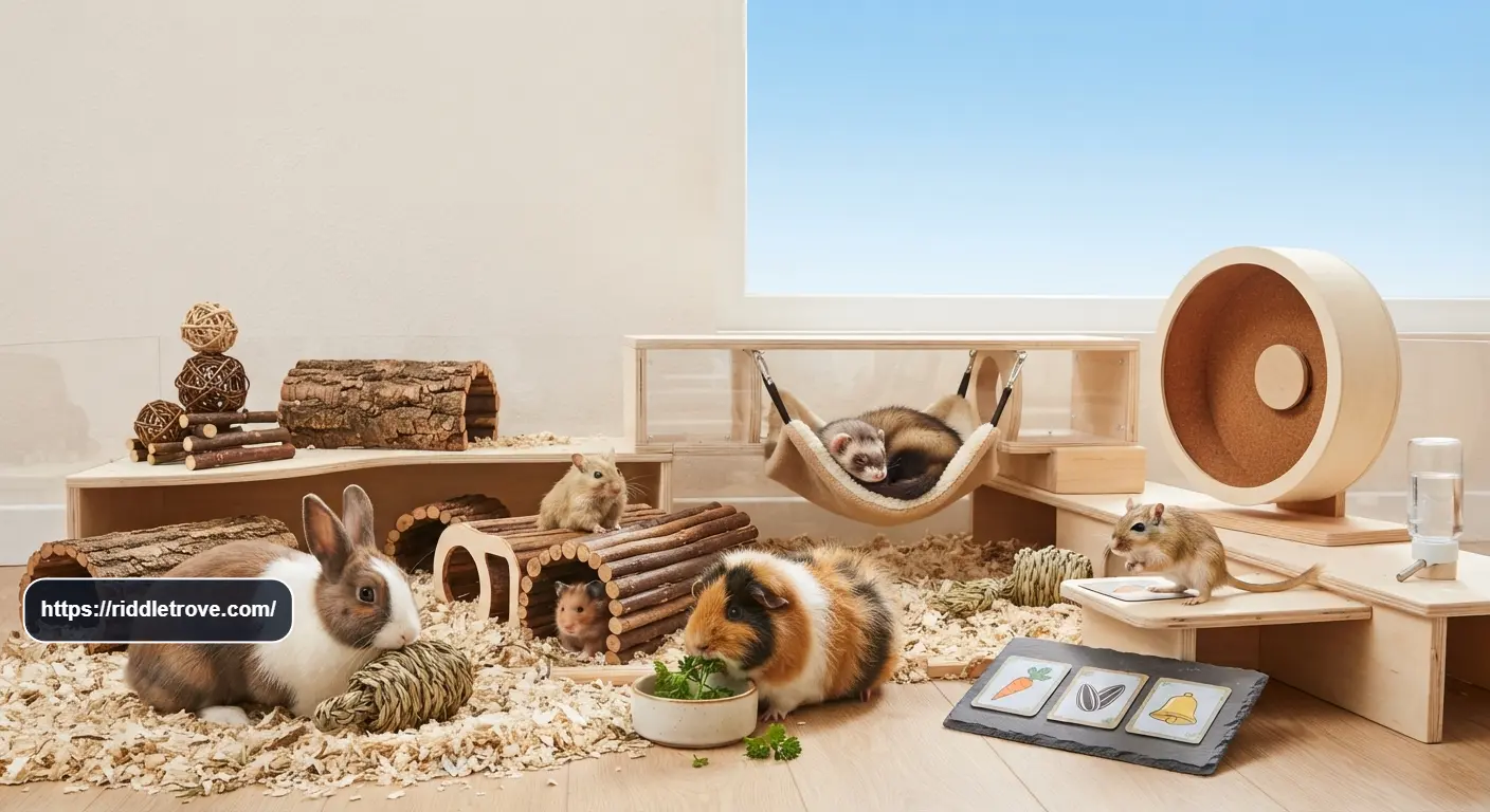 Hamster guinea pig and small pets beside colorful riddle cards