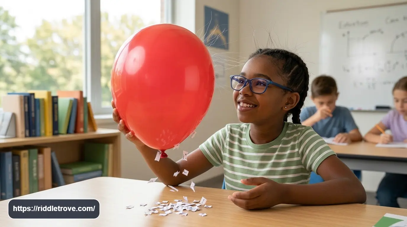 Child observing static electricity with a balloon and raised hair