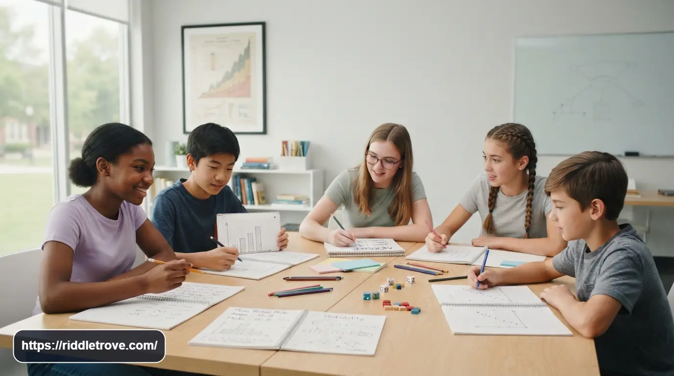 Students solving statistics riddles with charts numbers and data puzzles