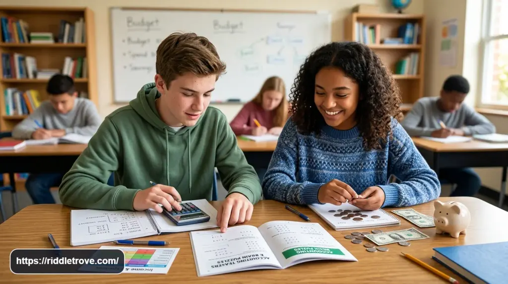 Students solving simple accounting brain teasers with calculators and money notes