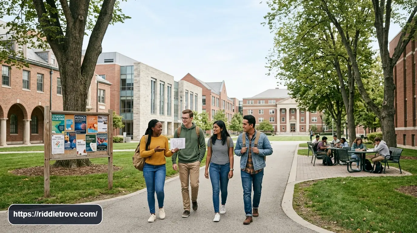 College students walking between university buildings during a campus break