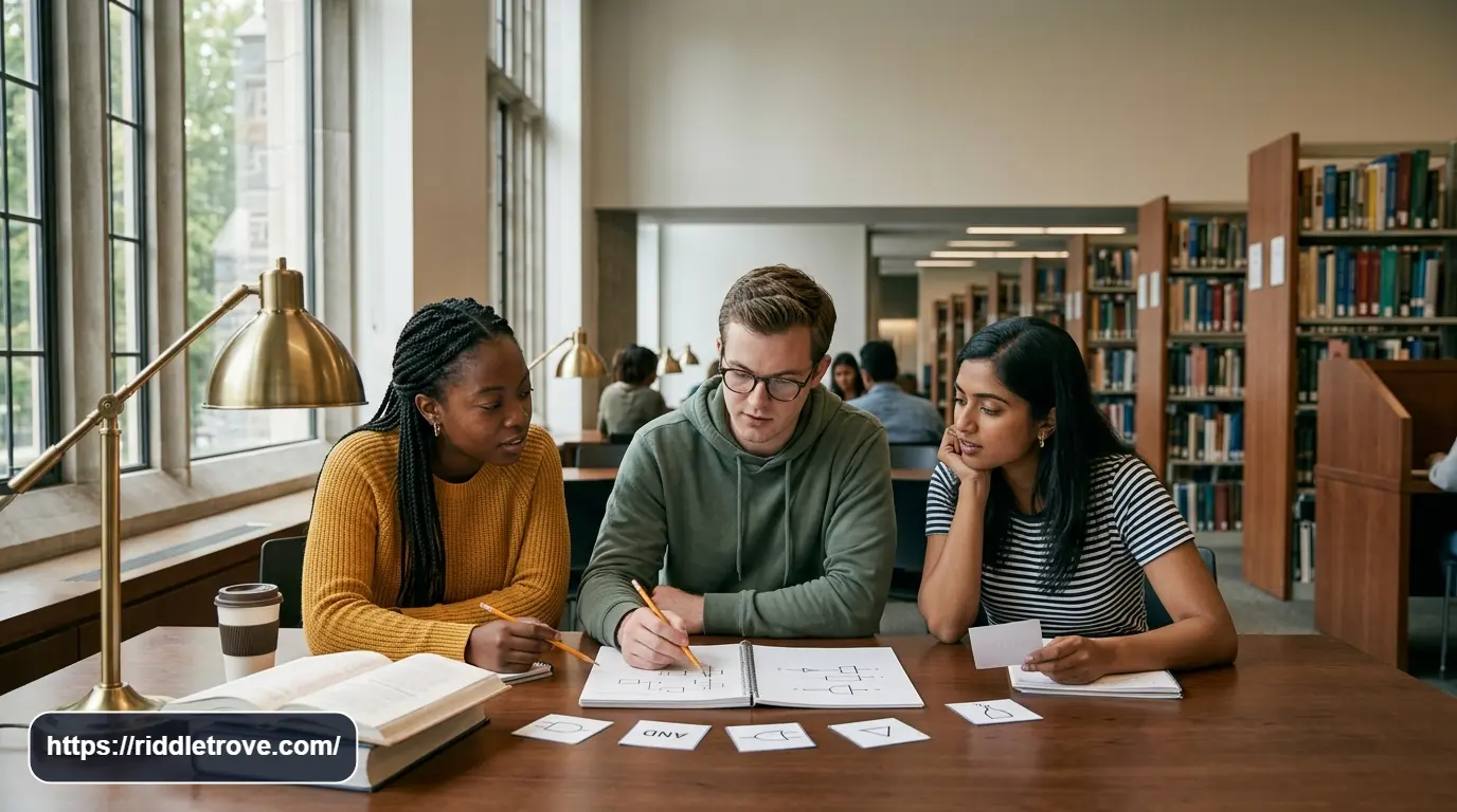College students concentrating on difficult logic riddles at a study table