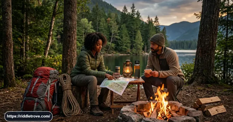 Campers solving survival riddles beside a forest campsite with outdoor gear