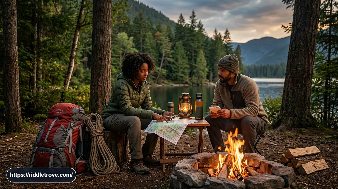 Campers solving survival riddles beside a forest campsite with outdoor gear