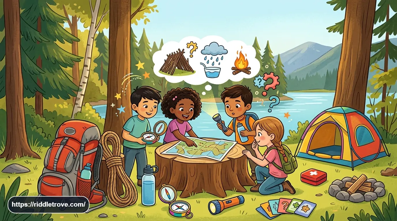 Kids solving fun survival riddles in a colorful wilderness setting