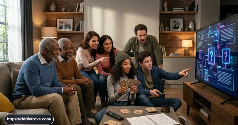 Family solving TV show riddles with answers during a fun guessing game