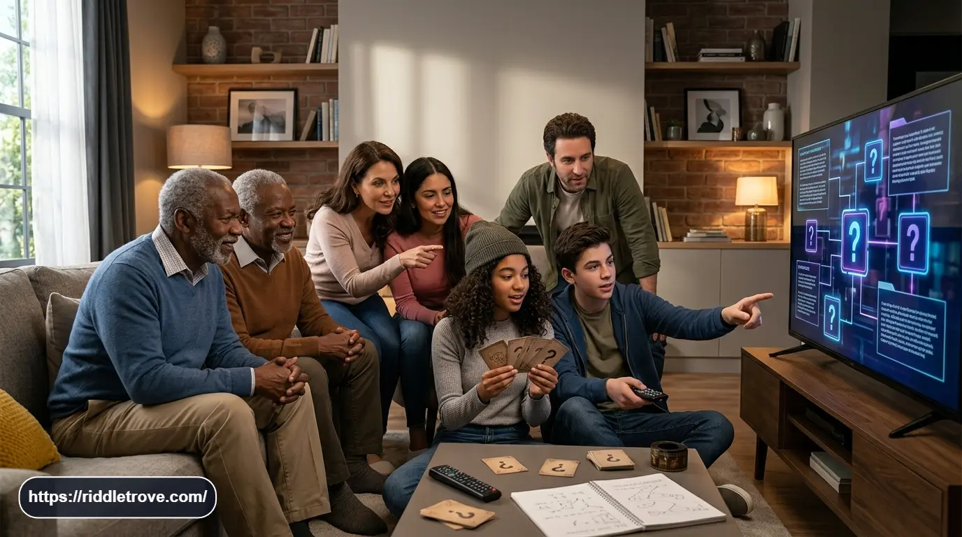 Family solving TV show riddles with answers during a fun guessing game