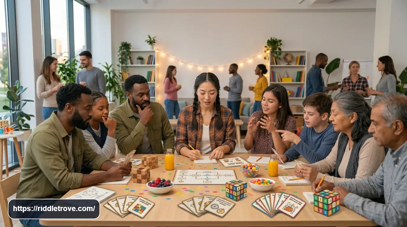 Group solving a logic puzzle together during a team challenge