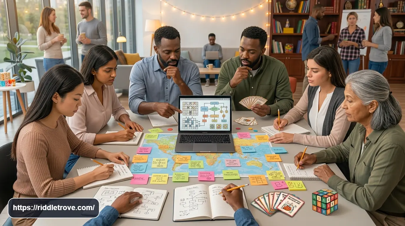 Coworkers working together to solve teamwork riddles around a conference table