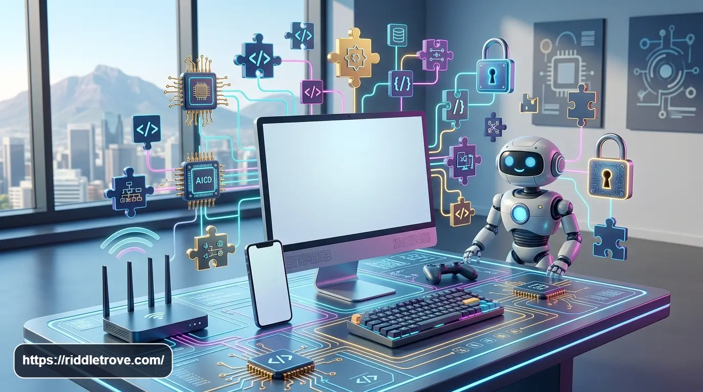 Technology riddles with answers featuring computers, gadgets, AI, coding, and the internet