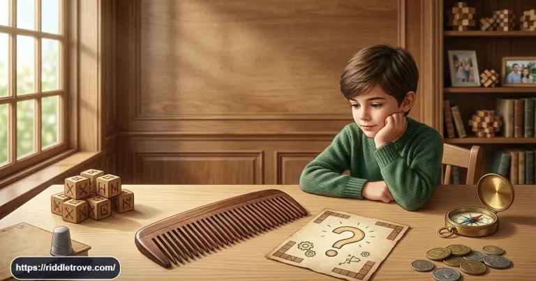 Comb beside a riddle card asking what has teeth but cannot bite