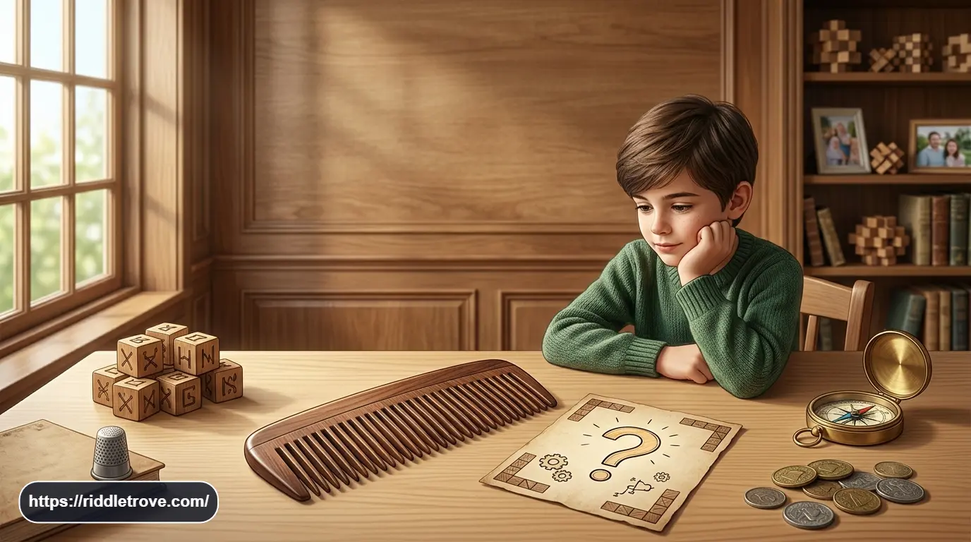 Comb beside a riddle card asking what has teeth but cannot bite