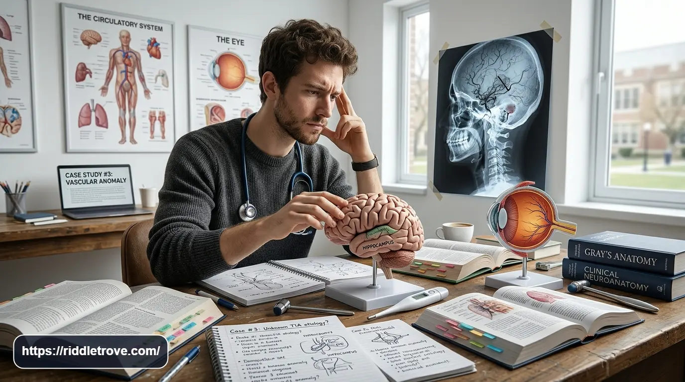Student thinking through a challenging anatomy riddle with medical models nearby