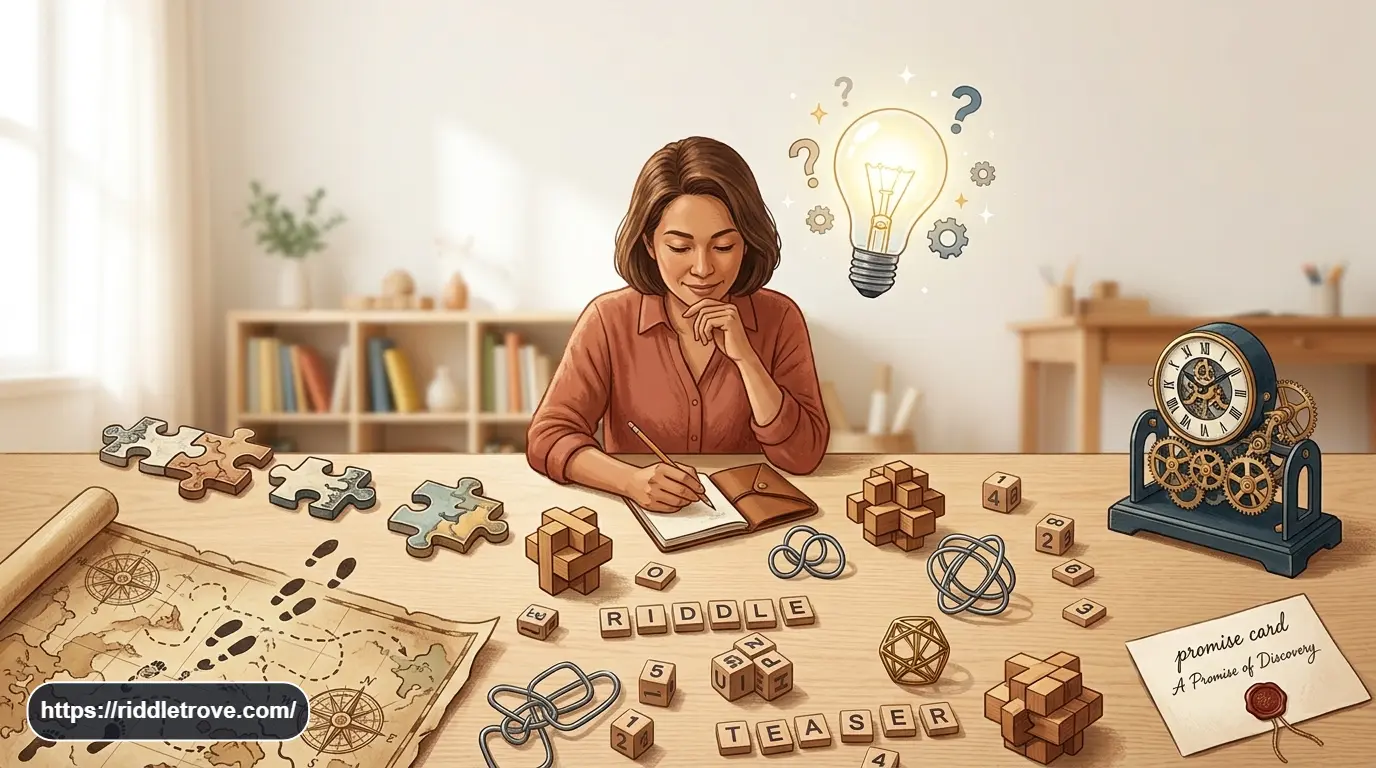 Person thinking beside puzzle pieces and clues representing tricky brain teasers