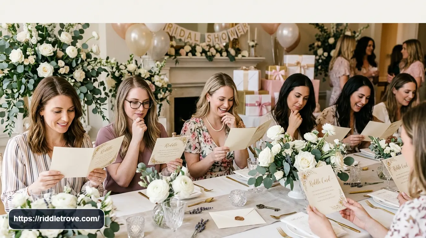 Bridal shower guests thinking through tricky wedding riddles at a decorated table