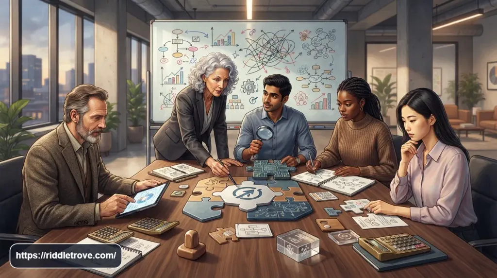 Team solving tricky business brain teasers involving sales, costs, customers, and strategy

