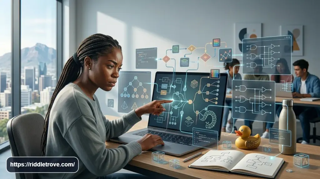 Programmer solving a challenging algorithm and coding logic puzzle

