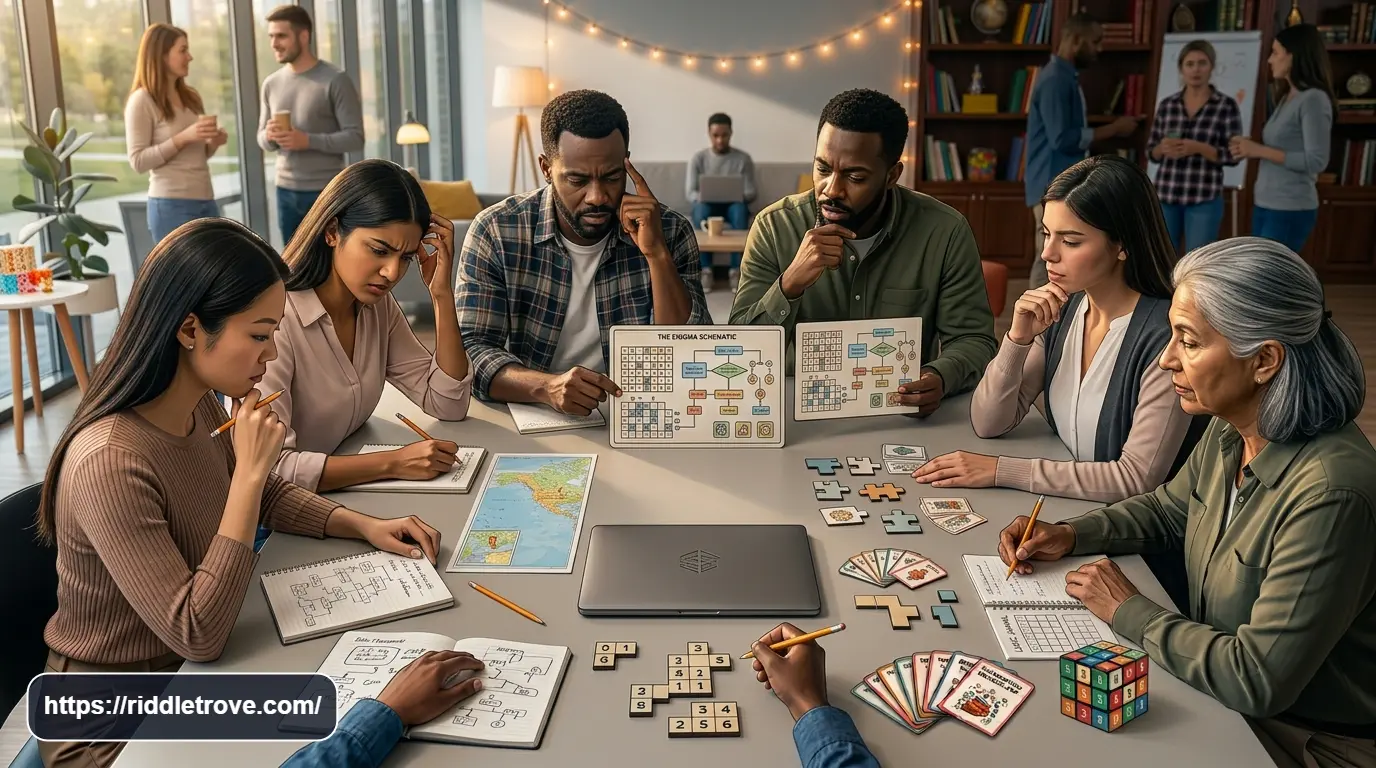 Coworkers thinking carefully while solving a challenging workplace riddle