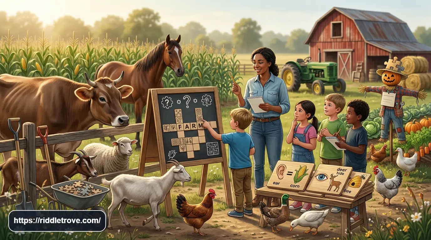 Student solving clever agriculture wordplay riddles near a farm field

