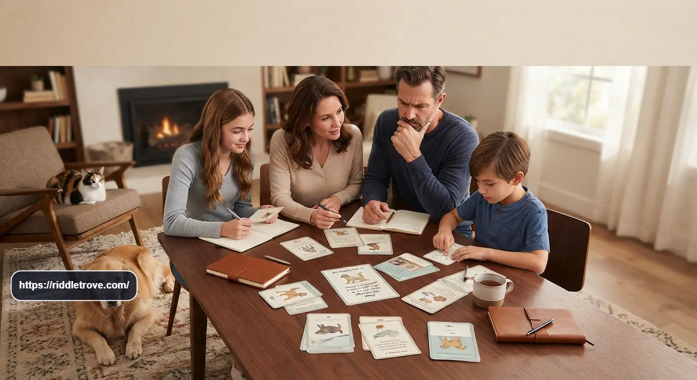 Family solving tricky pet puzzles with dogs cats and puzzle cards