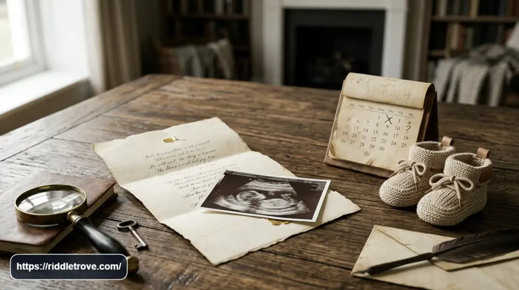 Pregnancy reveal puzzle card beside an ultrasound photo and a small gift box.