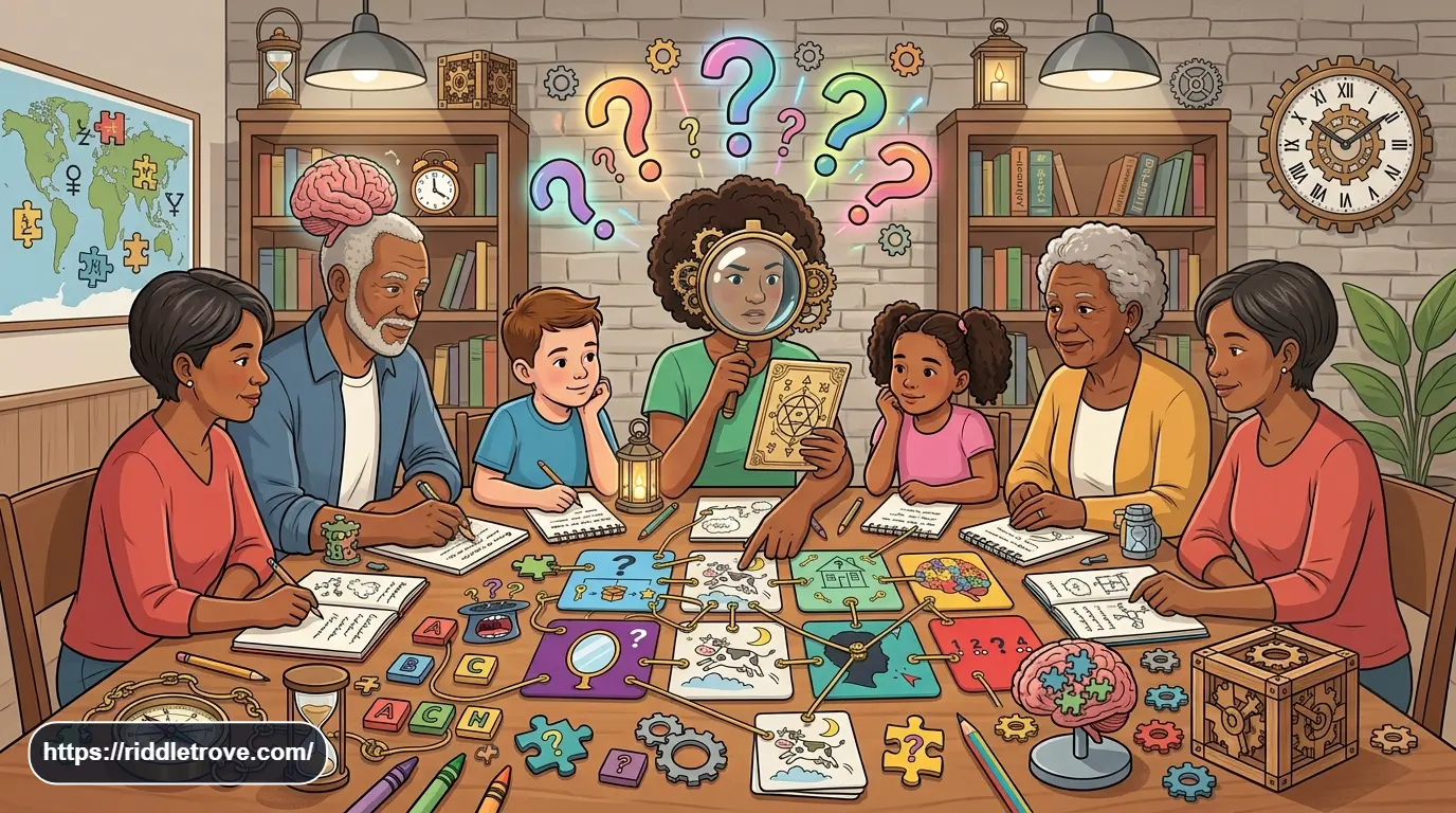 Tricky riddle quiz with puzzle clues and a magnifying glass