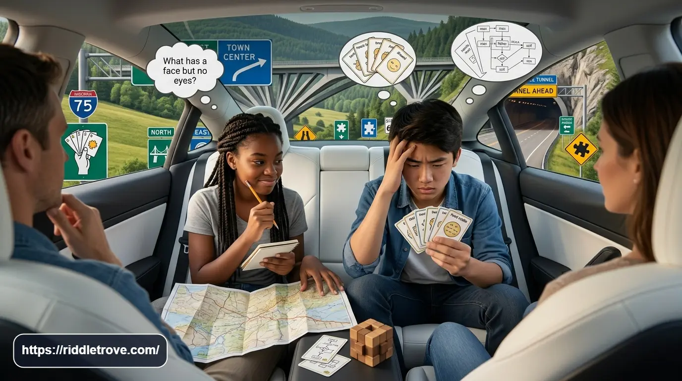 Travelers solving tricky road trip riddles in a car