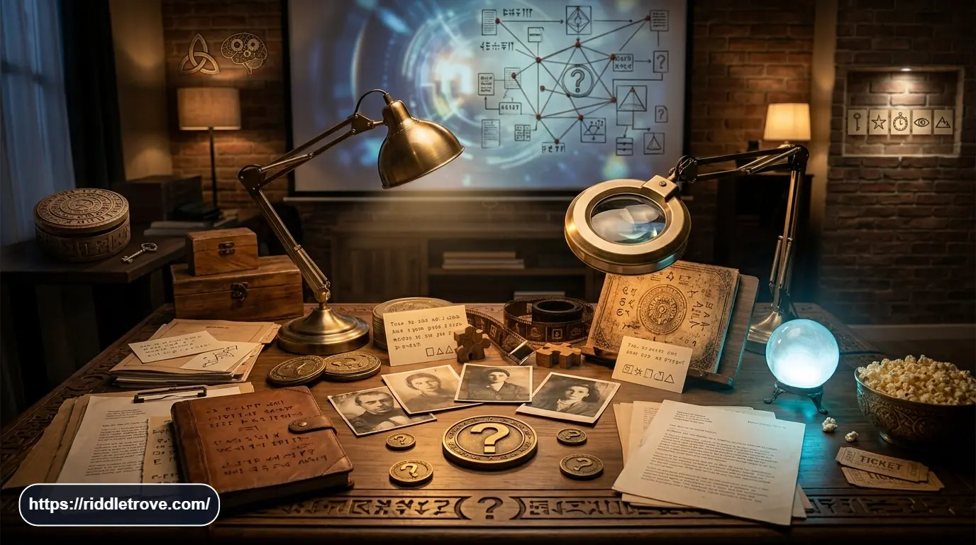 Tricky TV show riddles with hidden clues, puzzles, and mystery television imagery