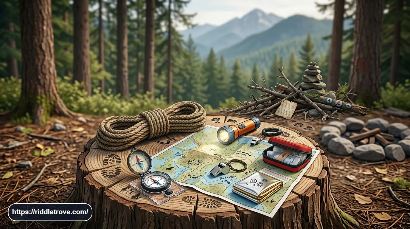 Tricky survival puzzle clues hidden around a wilderness campsite