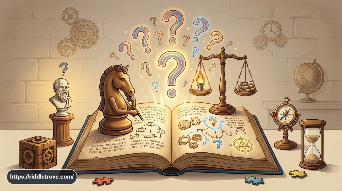 Truth, knowledge and wisdom riddles with books, question marks, and thoughtful symbols