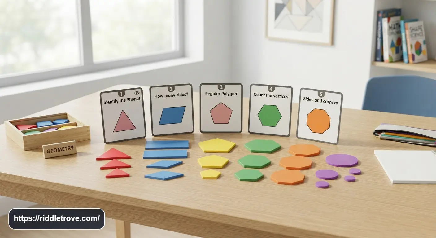 Colorful 2D geometric shapes arranged for a classroom riddle activity

