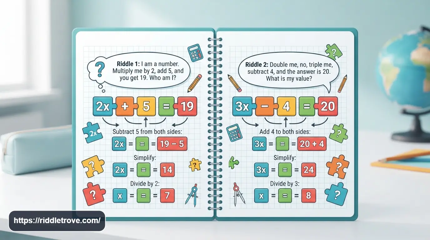 Two-step algebra riddles with equations, puzzle pieces, and math symbols