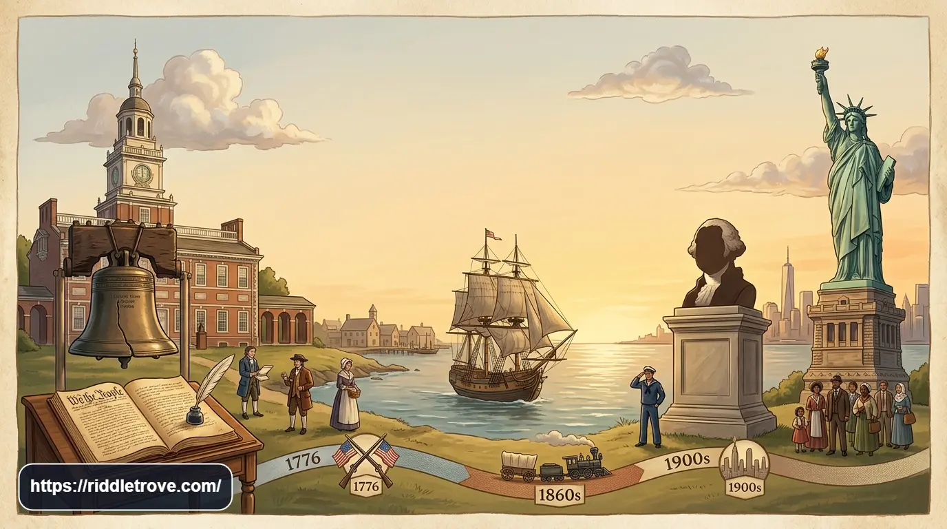 American history themed puzzle scene with historic landmarks and symbols