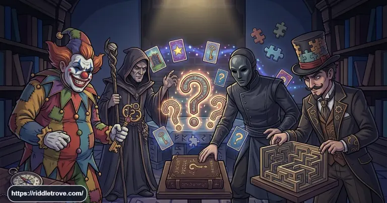 Collection of villain riddles with mysterious character clues