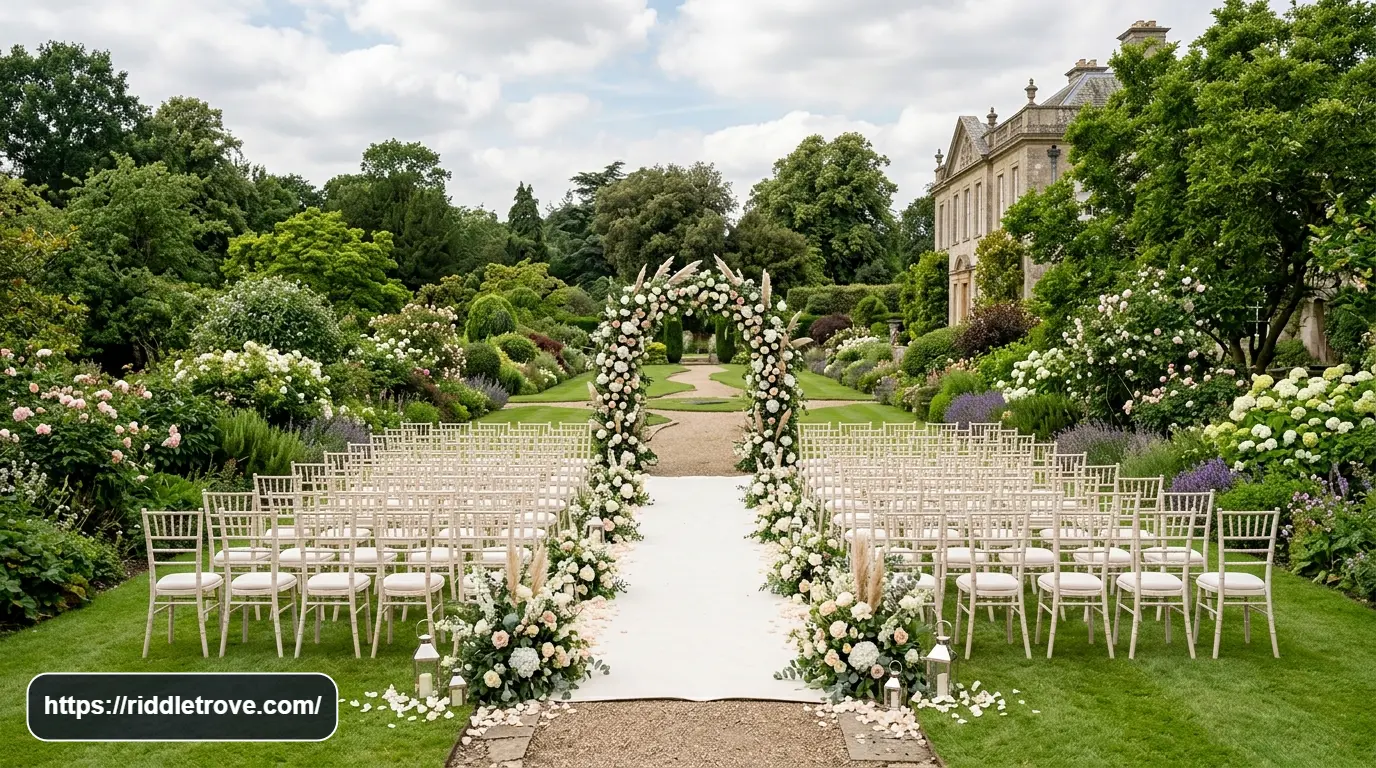 Outdoor wedding ceremony setup with floral arch and decorated aisle