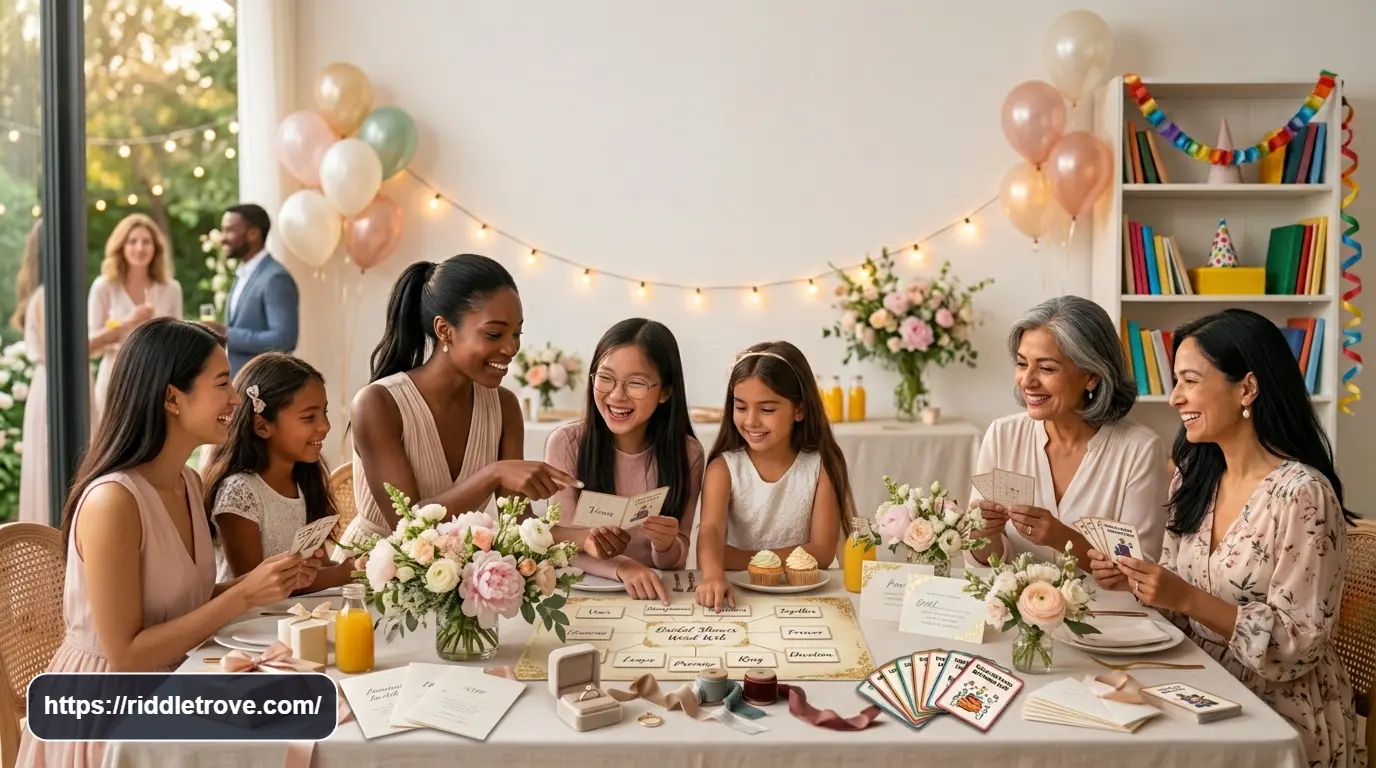 Guests playing a wedding word riddle game with cards at a bridal shower