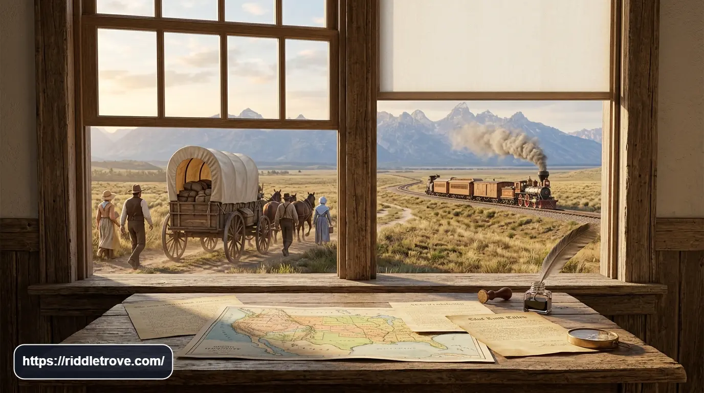 American westward expansion with wagon trail railroad and frontier landscape